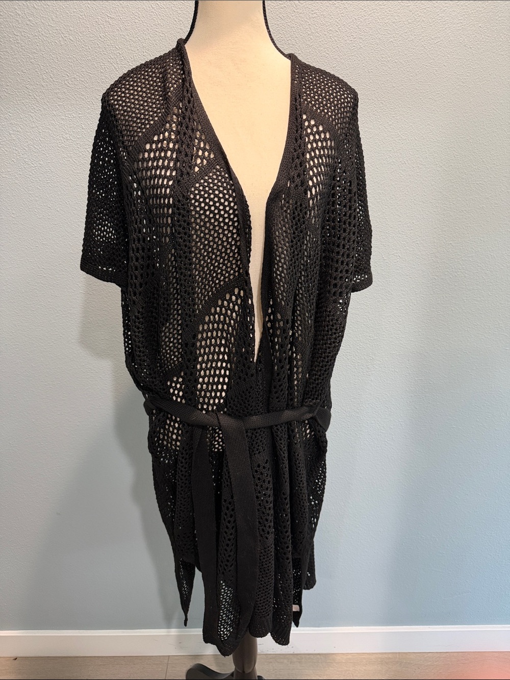 LOFT Black Open-Knit Belted Beach Cover-Up
